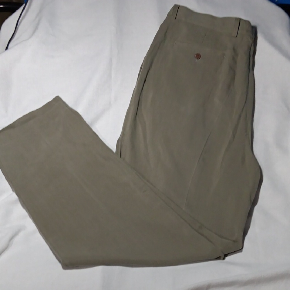 Tommy Bahama 100% Silk Olive Double Pleat Pocket Dress Khaki Pants 38 X 34